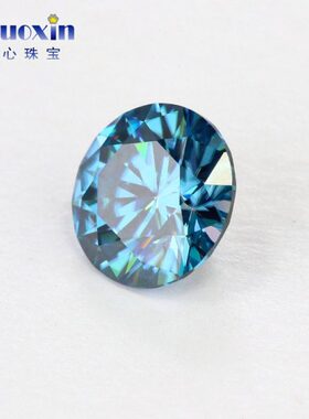 圆形宝蓝色绿底莫桑石裸钻 圆钻尖底八心八箭合成碳硅石戒指耳钉