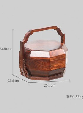 天纵大红酸枝八角手提果篮实木家用复古提盒红木中式摆饰手提篮