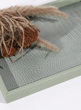 寻境饰界轻奢绿色皮革马毛装饰托盘样板房卧室茶几香薰首饰收纳盘