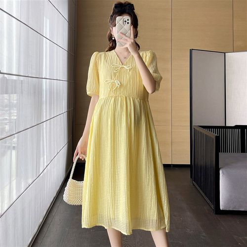 孕妇连衣裙夏短袖薄款V领国风旗袍杏色中长款时尚辣妈2023新款女 - 图2