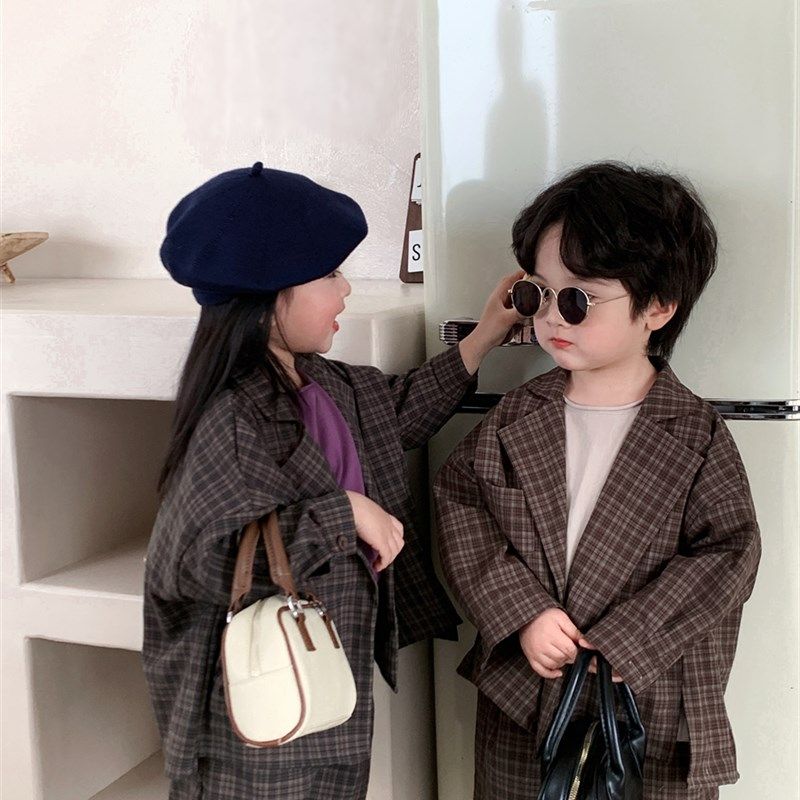 暮晨家新款春装2023男童棉麻格子西装女宝宝森系复古短裤两件套装,淘宝优惠券,粉丝福利购,淘宝优惠卷