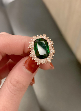 复古奢华满钻祖母绿宝石戒指欧美气质个性夸张开口可X调节食指指