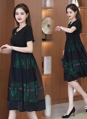 夏季短袖连衣裙女中长款2024新款韩版时尚洋气减龄宽松显瘦a字裙