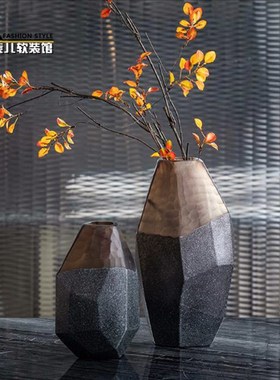 精品咖色刻磨几何玻璃花瓶不规则切面蓝I色装饰插花器现代创意摆