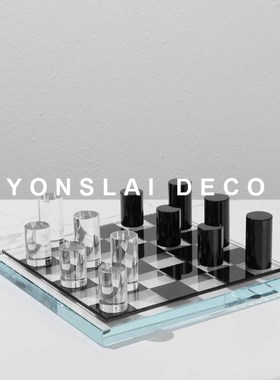 现代轻奢黑白水晶格子棋盘桌面装饰摆件样M板间家居书房客厅饰品