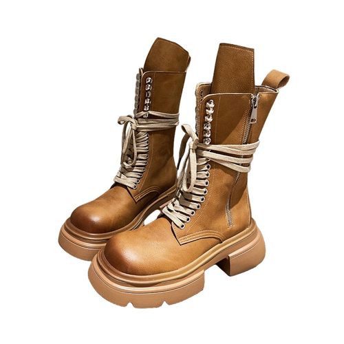 马丁靴2023年秋冬新款真皮绑带中筒靴小腿靴大黄靴工装靴爆款女鞋 - 图3