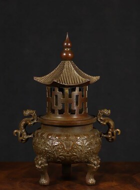 黄铜复古塔炉炼丹炉螭龙双耳铜香炉室内家居客厅T装饰工艺品盘香