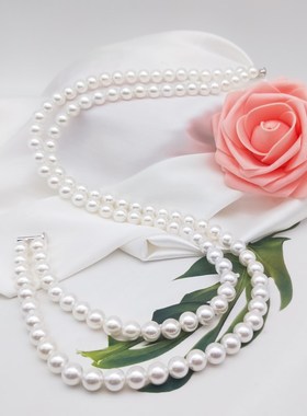 海水母贝合成珍珠项链 两层气质珍珠颈链女款毛衣链配饰旗袍装