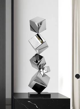 现代简约几何方形叠层不锈钢摆件玄关客厅卧室样板房家居装饰品