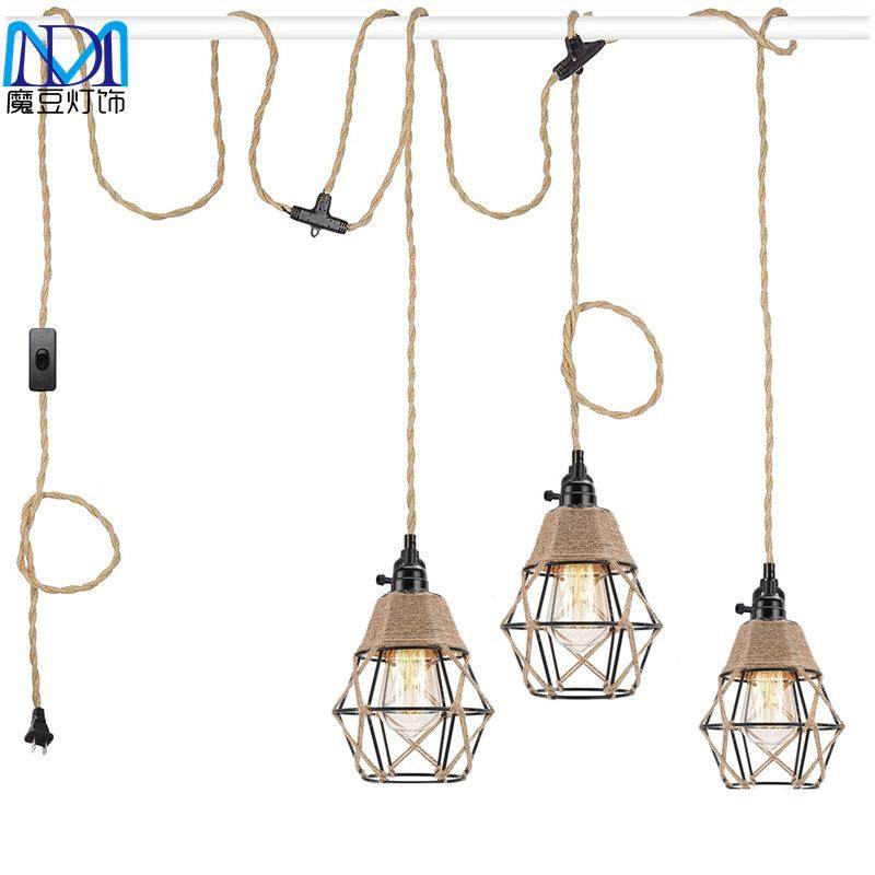 亚马逊美式复古工插入式吊业悬灯MD202302挂灯麻绳三头厨岛房卧室,淘宝优惠券,粉丝福利购,淘宝优惠卷