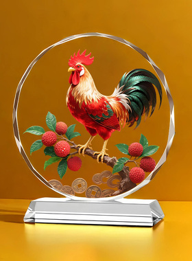 大红公鸡水晶摆件入户玄关开业