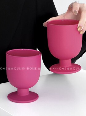 趣皿 复古玫紫胖乎玻璃杯女高颜值高脚杯ins风咖啡杯红酒杯子收藏
