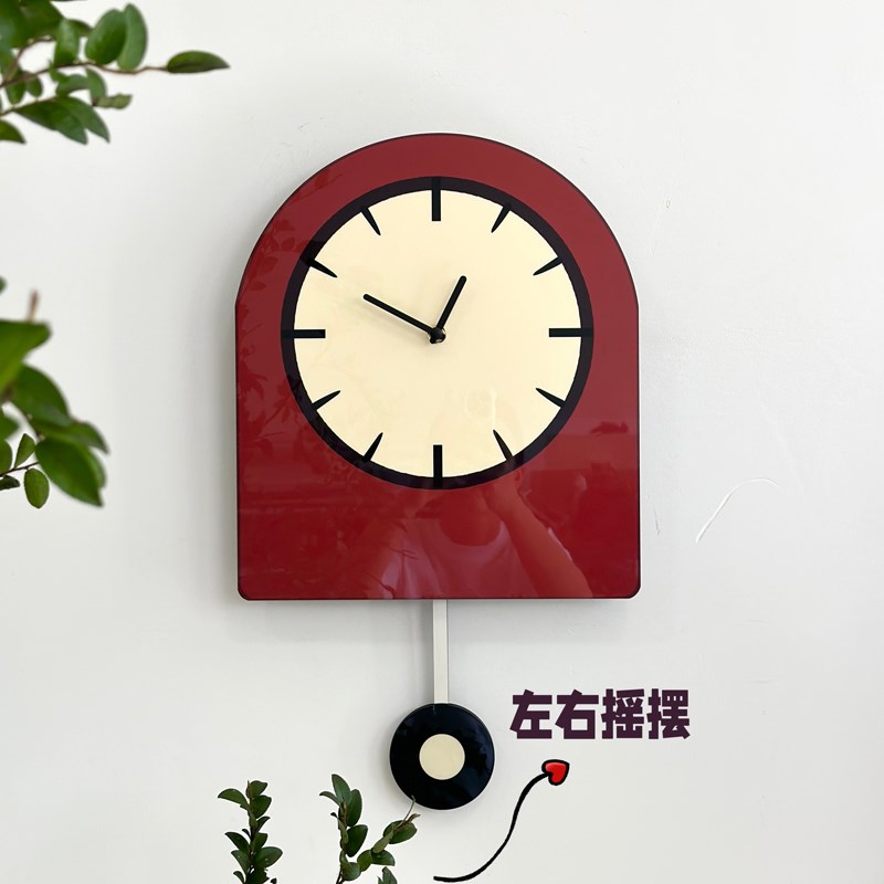 复古红现代e简约钟表挂钟客厅奶油风创意摇摆时钟挂墙摆件钟饰 - 图0