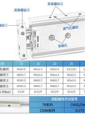 薄型双联双轴双杆气缸TR20/CXSM20-10/15/20/25/30/40/50/60/75-S