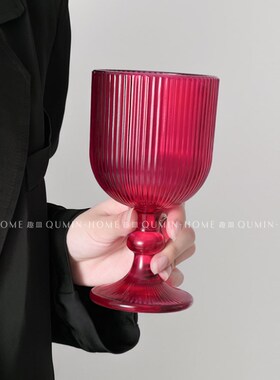 趣皿*复古ins风条纹玻璃杯炙火红高脚杯甜品杯家用轻奢高档红酒杯