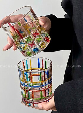Qumin blingbling折射彩虹光中古玻璃杯高颜值手绘格子杯冷饮杯子