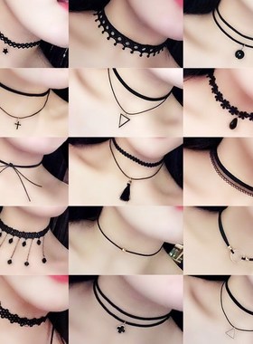 蕾丝项链颈饰圆环宽颈带细小黑项圈女儿童挂链网红夏季双层锁骨链