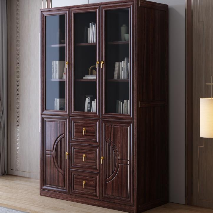 新中式乌金木全实木家用书柜组合落地简约书橱带书架玻璃门储物柜 - 图2