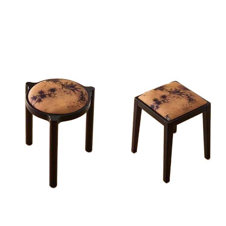 新中式实木家用加厚软包凳子可折叠放省空间圆形方形餐厅复古餐椅 - 图2