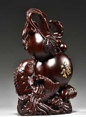 黑檀木雕刻福禄有鱼葫o芦摆件实木质家居送礼办公室装饰摆设工艺