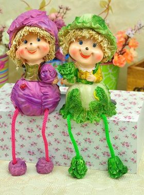 田园树脂绿白菜紫包菜吊脚娃娃 家居装饰工艺礼品 摆件