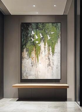斑驳肌理装饰画绿色抽象玄关手绘油画艺术飞鸟大芬村走廊过道挂画