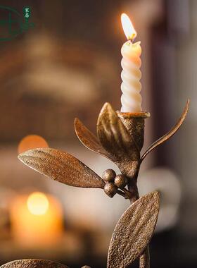 圣诞节装饰铁艺蜡烛台植物花朵烛台道具玄关台面摆件美式烛光晚餐