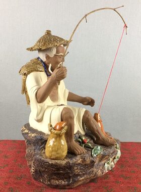 公孙得利渔翁钓鱼陶瓷摆件鱼池假石山摆件客厅酒柜办公室招财摆设