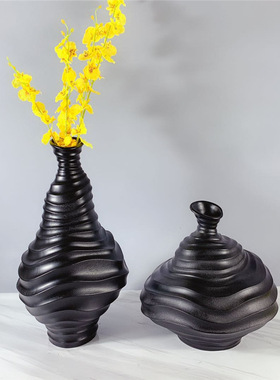 黑白色现代简约波浪条纹树脂异形花瓶摆件家居客T厅酒店会所装饰