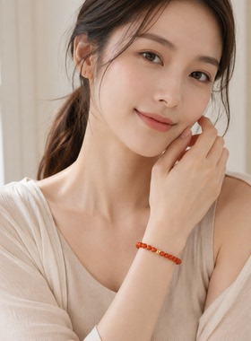 天然南红手链女款本命年红色圆珠轻奢手串简约百搭叠戴柿子红手钏