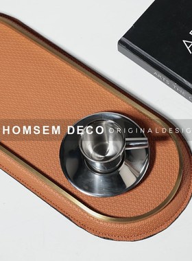 现代样板间高档皮革金q属边创意收纳托盘摆件家居客厅茶几软装饰