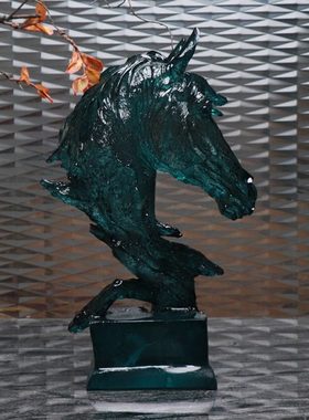 新中式后现代蓝色马头树脂摆件酒店别墅展厅玄关桌面软装饰品摆设