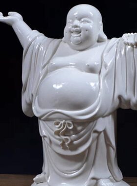 德化白瓷笑佛欢喜弥勒大肚佛陶瓷拿珠布袋站式弥勒家居工艺品摆件