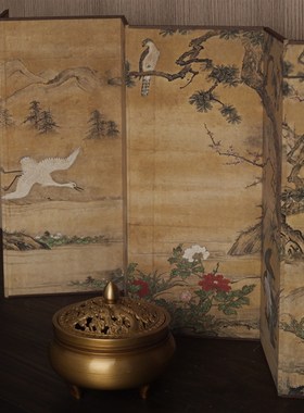 日式狩野松荣花鸟图东方美学双面桌面小屏风茶桌屏U风茶室背景摆