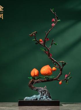 铜金岁月多福多寿寿桃树木黄铜摆件绿植桃树盆栽铜摆件金属工艺品