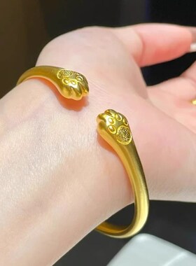 古代金覆盖银猫爪手镯为妇女磨砂平原环手镯开口可调手镯生日礼物