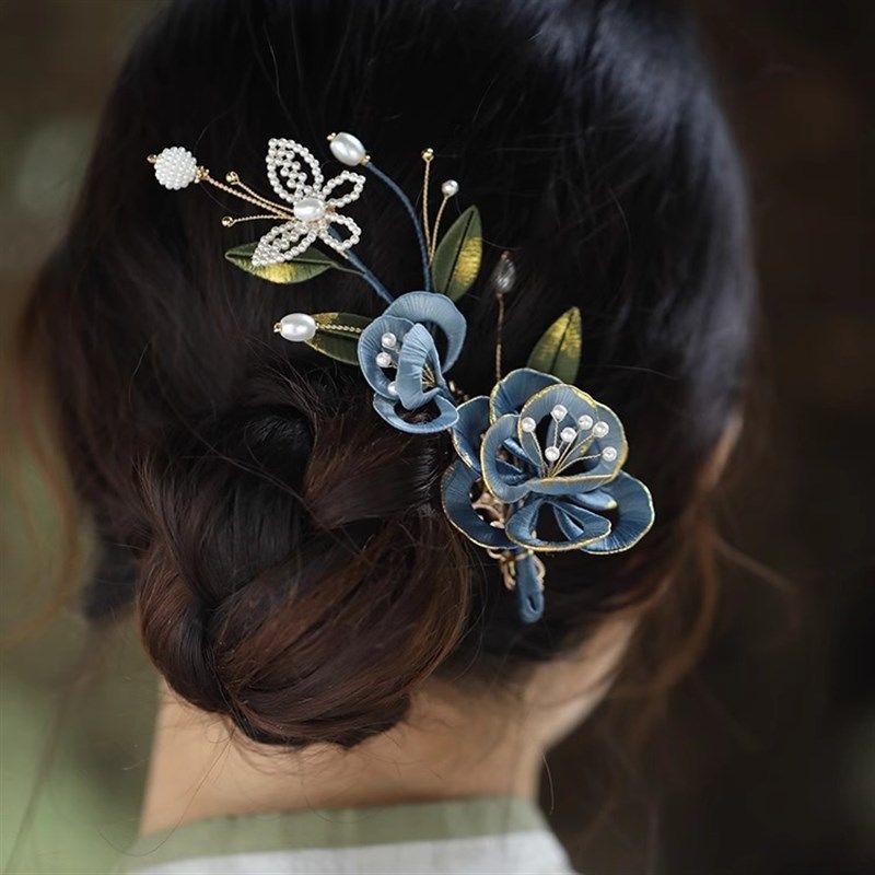 手工缠花新中式国风发夹古风汉服侧边头饰古典舞发饰蓝色旗袍配饰,淘宝优惠券,粉丝福利购,淘宝优惠卷