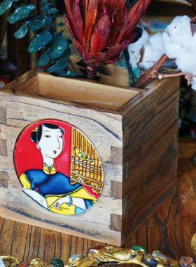 佳女子瓷板画多功能桌q面收纳摆件创意复古中国风实木遥控器收纳