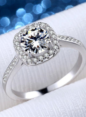 莫桑石钻戒公主方包女士款戒指指环纯银镶嵌镀AU750白金婚戒时尚