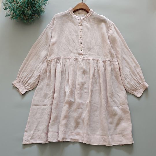 日系小清新文艺风轻薄苎麻长袖衬衫式中长款连衣裙休闲百搭衬衫裙