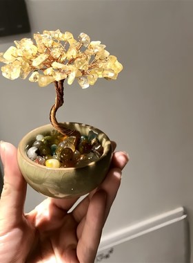 玄关高级聚宝盆小摆件陶瓷底w座水晶发财树办公桌面创意手工工艺