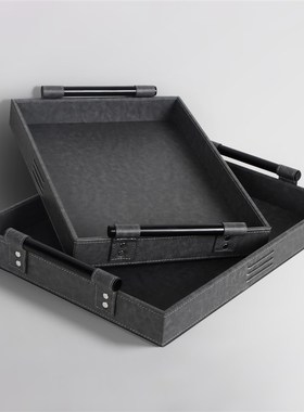 现代简约高端皮质托盘样板房售楼处酒店I客厅茶几桌面装饰轻奢摆