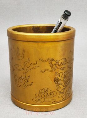 文房四宝 纯铜麒麟祥云笔筒摆件 书房办公室用品 工艺品摆设铜器