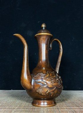 纯铜仿古酒壶浮雕牡丹酒壶高酒壶西域壶桌面摆件复Z古铜器收藏