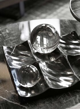 简约轻奢大理石水晶圆球摆件 创C意波浪托盘客厅餐桌软装饰品摆设