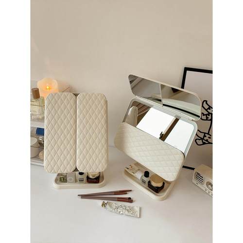 S壳双开门led化妆带灯纳盒一体镜台贝式桌面折434叠可调收节镜子 - 图3