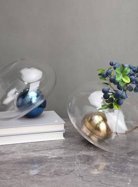 轻奢极简约现简水玻璃代花瓶金培属抽0183象流动插花花器桌面装饰