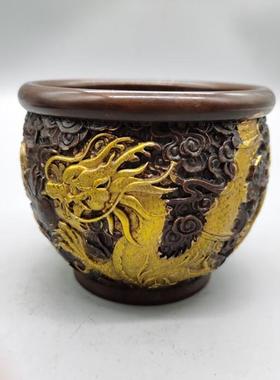 古玩铜收藏黄鎏金龙缸家器居摆件仿古8645070紫铜铜色双戏珠缸龙