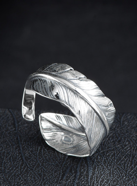 银曼 925银羽毛m戒指潮人开口男士戒指日韩创意个性高桥吾郎女指