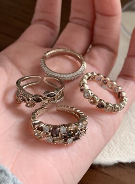 咖金戒指2025新款爆款叠戴食指戒轻F奢高级感树叶爱心锆石开口指